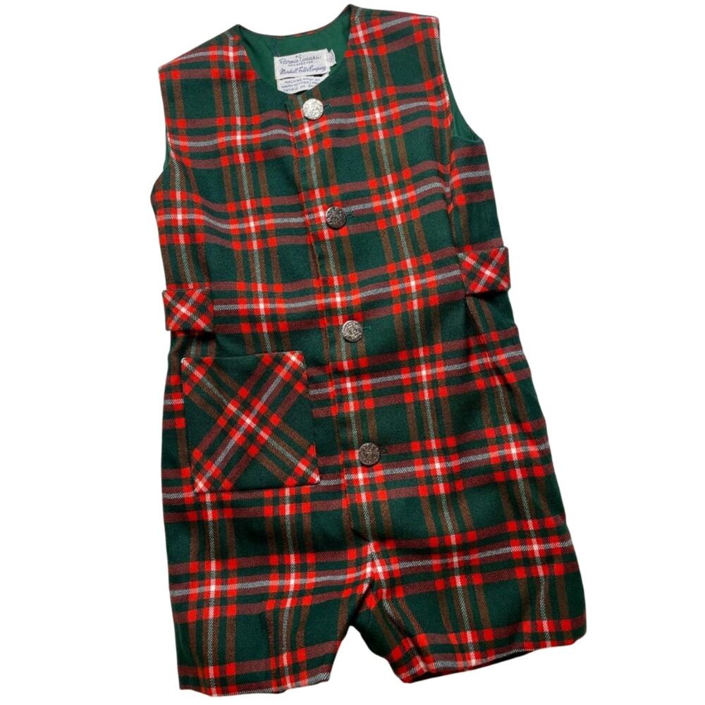Vintage Florence Eiseman Plaid Romper Shortall Style Green Red White Holiday 5